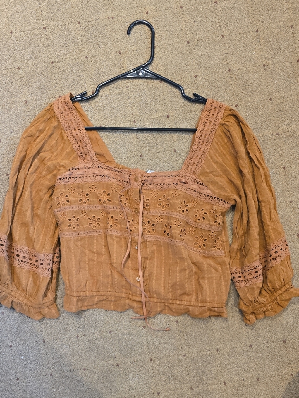 American Eagle Outfitters Cropped Lace Trim Peasant Top - Rust Orange